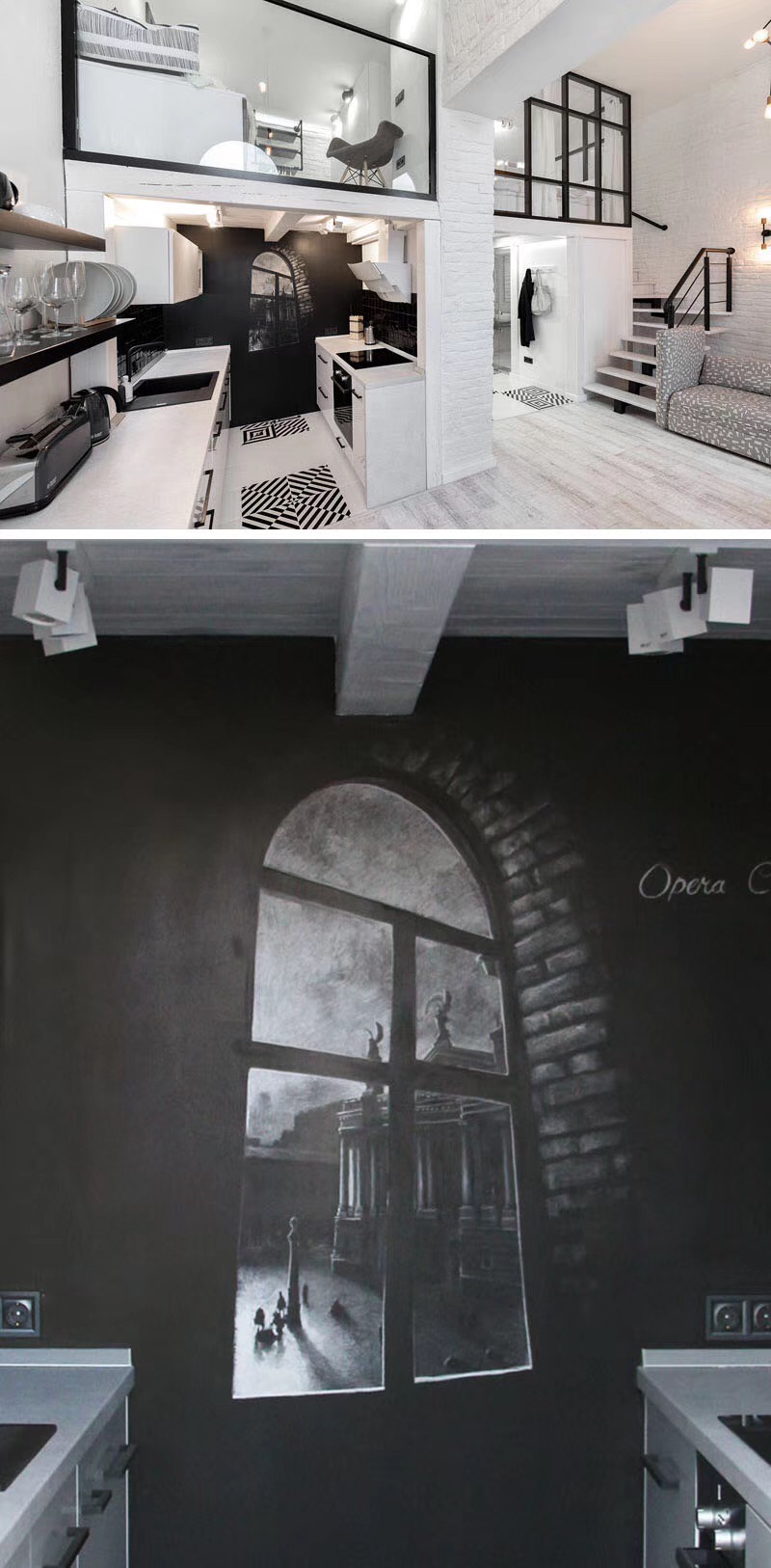 This Distinctly Black And White Apartment With A Mezzanine L(图3)